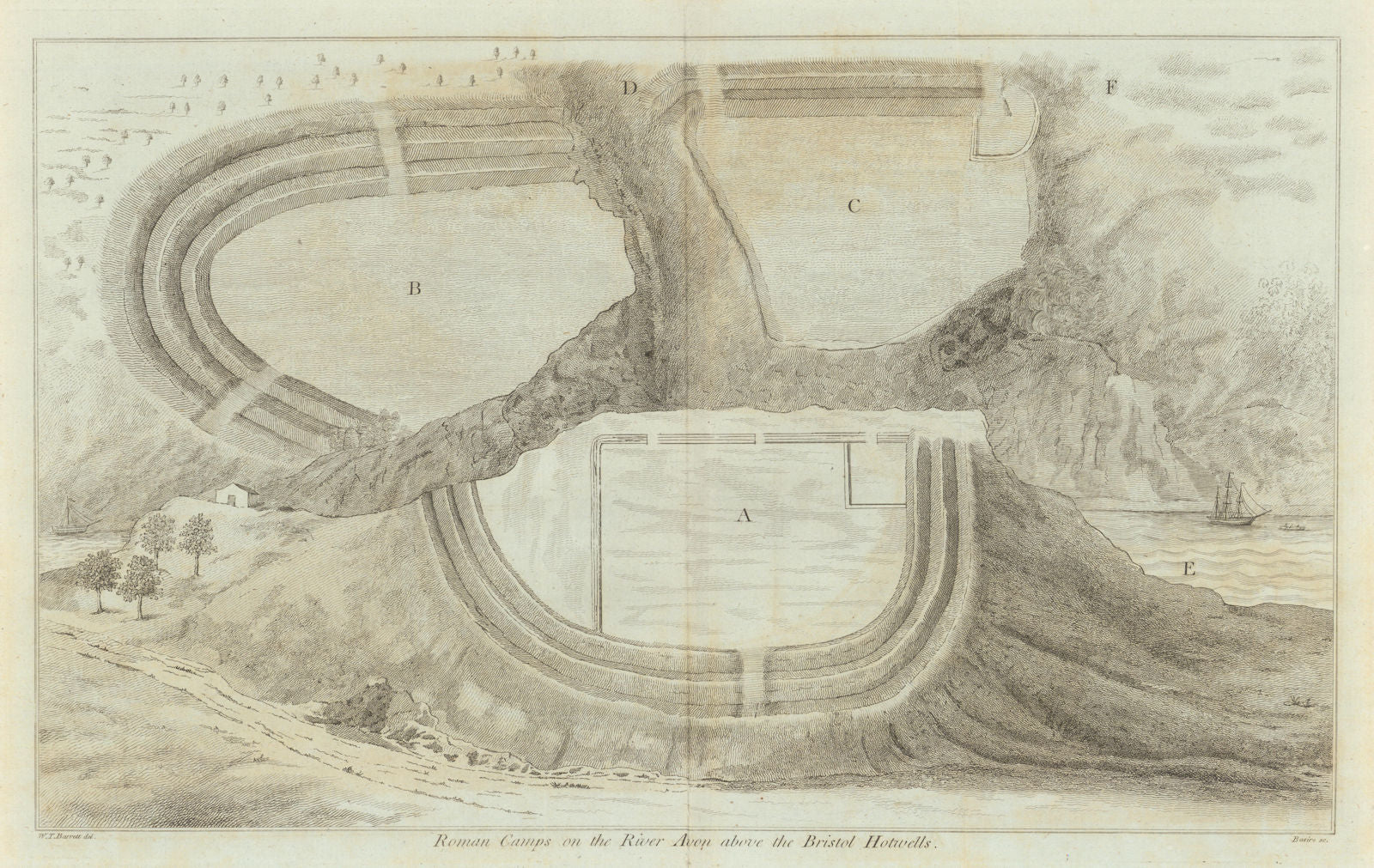 Roman camps on the River Avon above Bristol Hotwells by William Barrett 1789 map